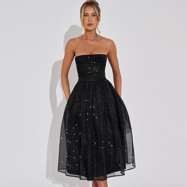 "Robe de soirée mi-longue dorée et noire sans bretelles pour femme, coupe cintrée et ornée de scintillements, allure élégante