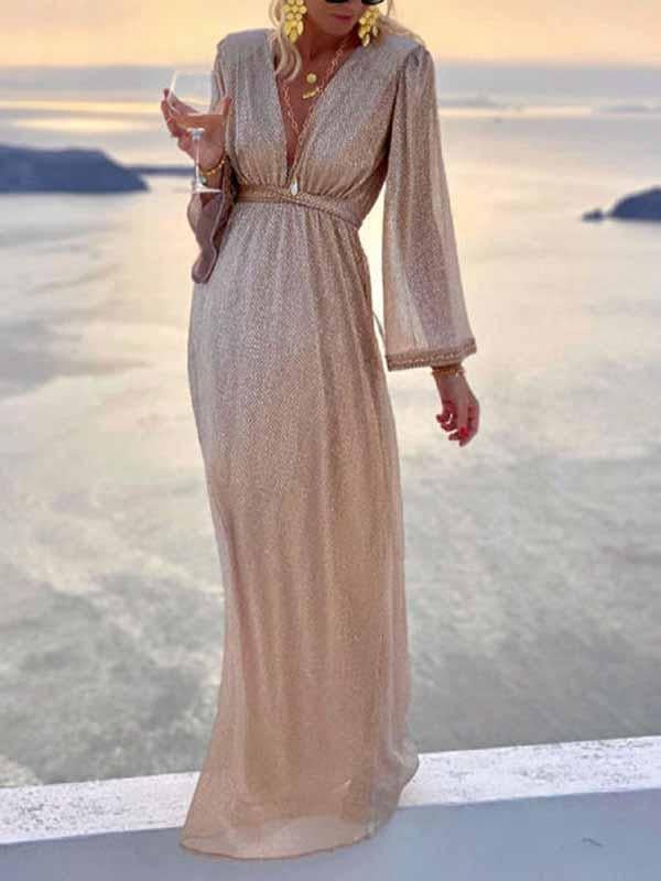 "Robe de soirée scintillante, longue avec manches élégantes, tissu brillant pour occasions spéciales, charme chic"