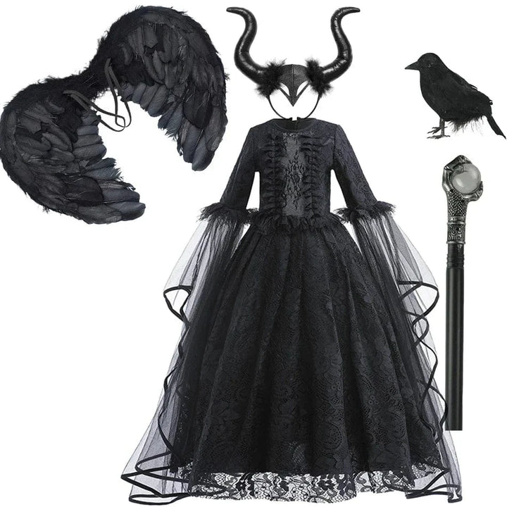 Robe de sorcière enfant, déguisement Halloween.  Longue, noire, élégante.  90-150cm.