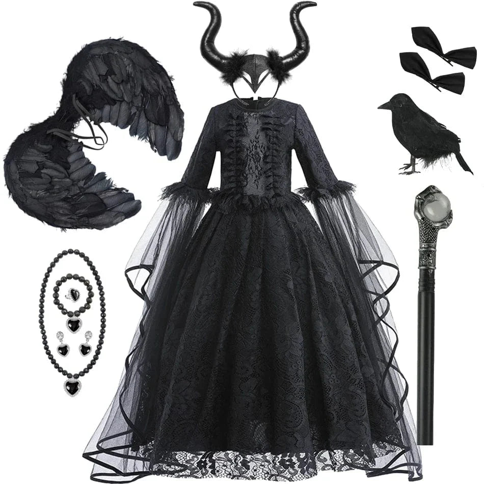 Robe de sorcière enfant, déguisement Halloween.  Longue, noire, élégante.  90-150cm.
