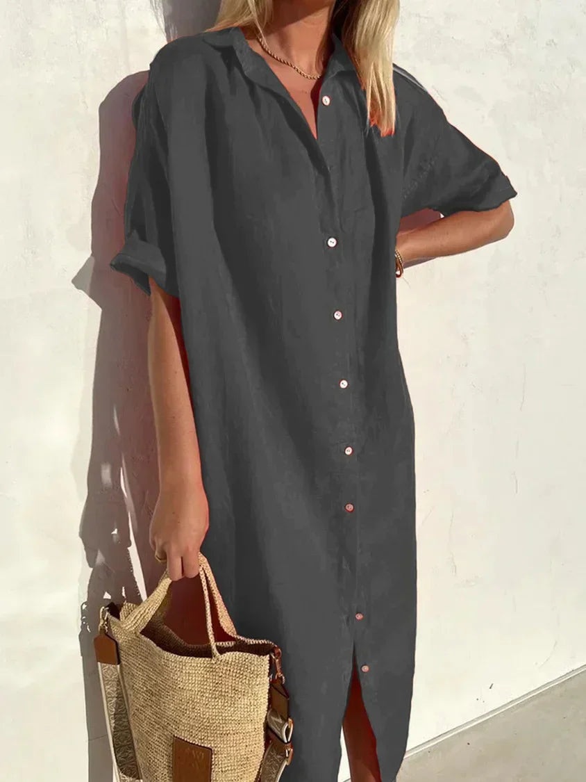 "Robe décontractée élégante en coton et lin, manches amples avec boutons, texture légère pour été, style féminin."