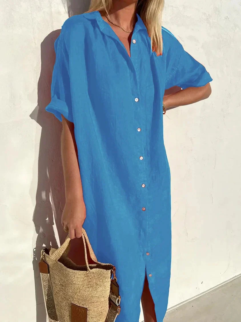 "Robe décontractée élégante en coton et lin, manches amples avec boutons, texture légère pour été, style féminin."