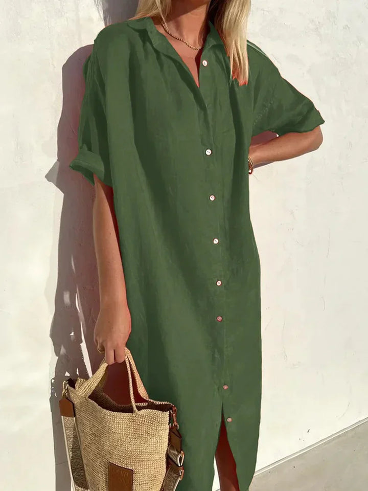 "Robe décontractée élégante en coton et lin, manches amples avec boutons, texture légère pour été, style féminin."