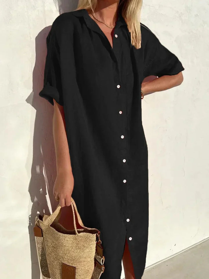 "Robe décontractée élégante en coton et lin, manches amples avec boutons, texture légère pour été, style féminin."