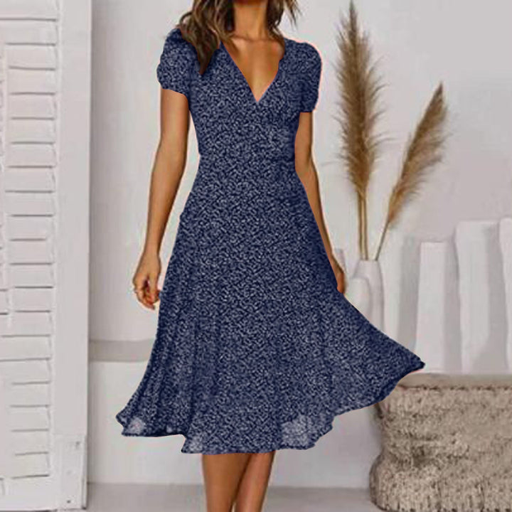 Robe d'été femme imprimé floral, encolure V, légère, élégante, A-line, idéale pour les journées ensoleillées.