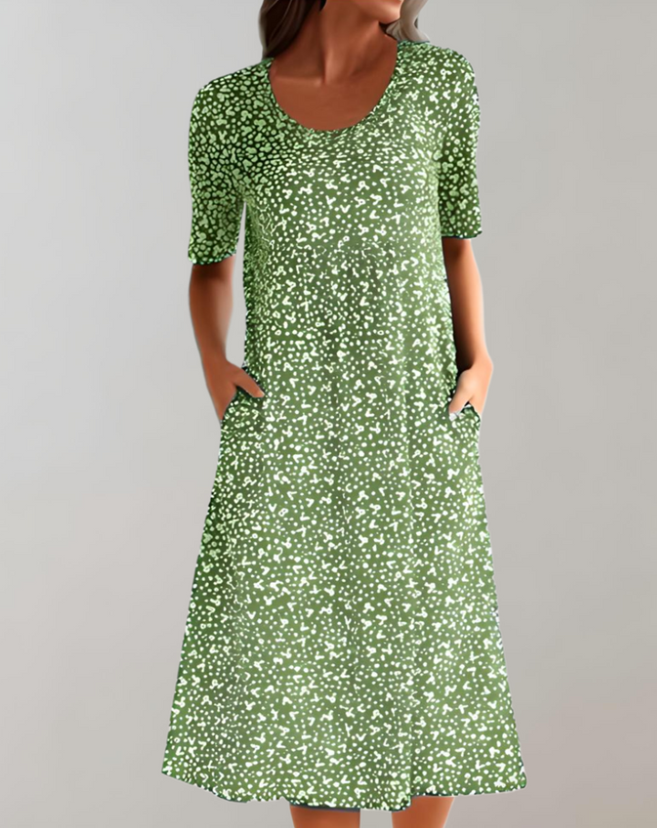 "Robe d'été fluide col V, légère et élégante, manches courtes, parfaite pour jours ensoleillés"
