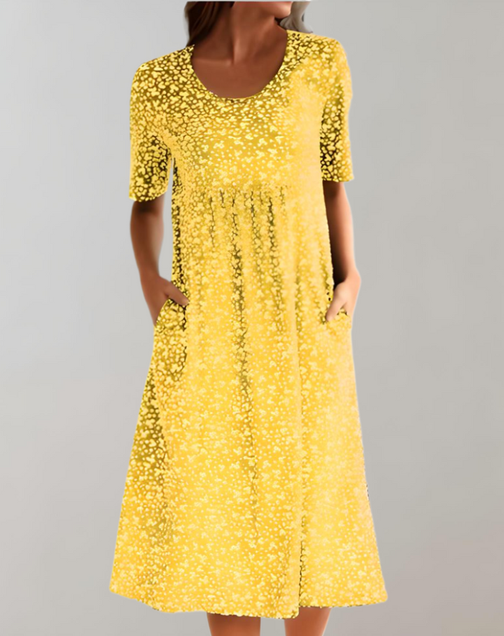 "Robe d'été fluide col V, légère et élégante, manches courtes, parfaite pour jours ensoleillés"