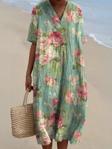 Robe d'été fluide, imprimé floral, coupe élégante et confortable.  Parfait pour l'été.