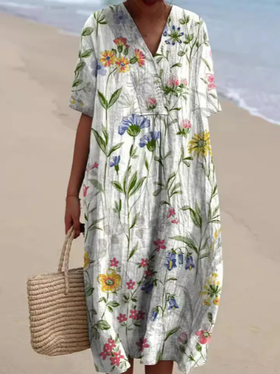 Robe d'été fluide, imprimé floral, coupe élégante et confortable.  Parfait pour l'été.