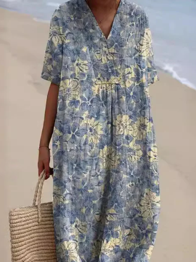 Robe d'été fluide, imprimé floral, coupe élégante et confortable.  Parfait pour l'été.