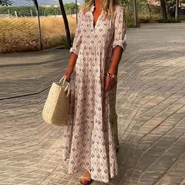 Robe d'été longue, manches longues, décolleté V. Style bohème chic, fluide et confortable.