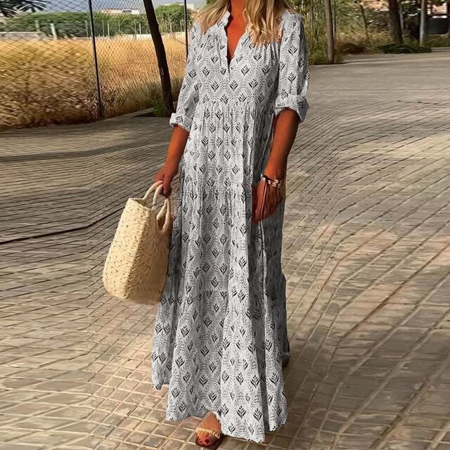 Robe d'été longue, manches longues, décolleté V. Style bohème chic, fluide et confortable.