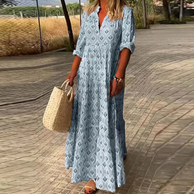 Robe d'été longue, manches longues, décolleté V. Style bohème chic, fluide et confortable.