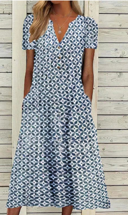 Robe droite à col en V, imprimé patchwork coloré, silhouette décontractée, style moderne et chic pour femme.