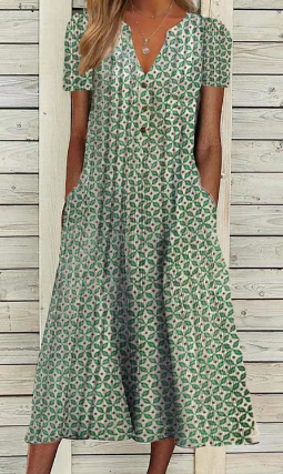 Robe droite à col en V, imprimé patchwork coloré, silhouette décontractée, style moderne et chic pour femme.