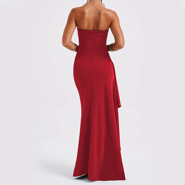 "Robe élégante coupe en A, bustier, dos nu, longueur maxi, polyester, femme, soirée, sensuelle, moderne, confortable"