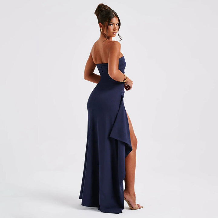 "Robe élégante coupe en A, bustier, dos nu, longueur maxi, polyester, femme, soirée, sensuelle, moderne, confortable"