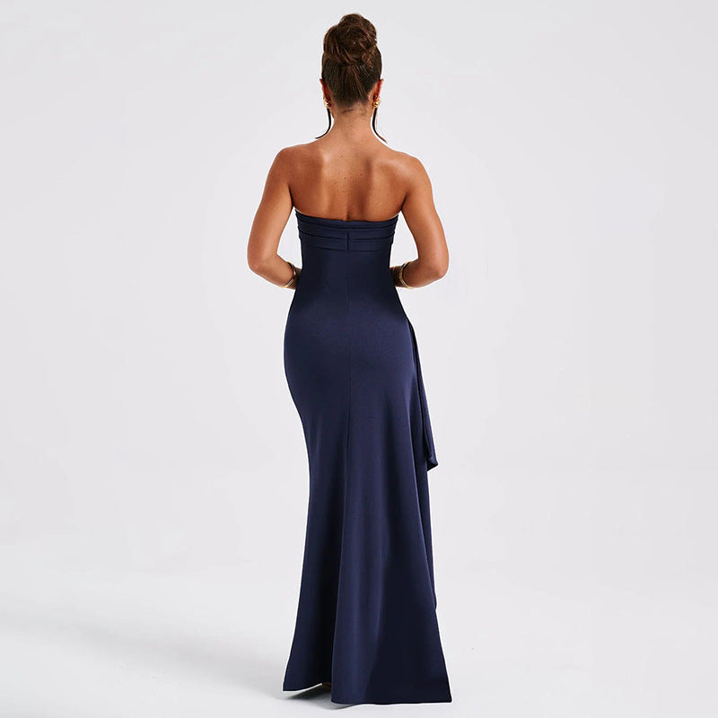 "Robe élégante coupe en A, bustier, dos nu, longueur maxi, polyester, femme, soirée, sensuelle, moderne, confortable"