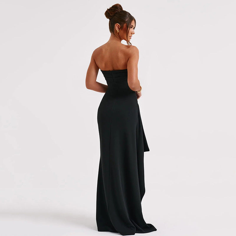 "Robe élégante coupe en A, bustier, dos nu, longueur maxi, polyester, femme, soirée, sensuelle, moderne, confortable"