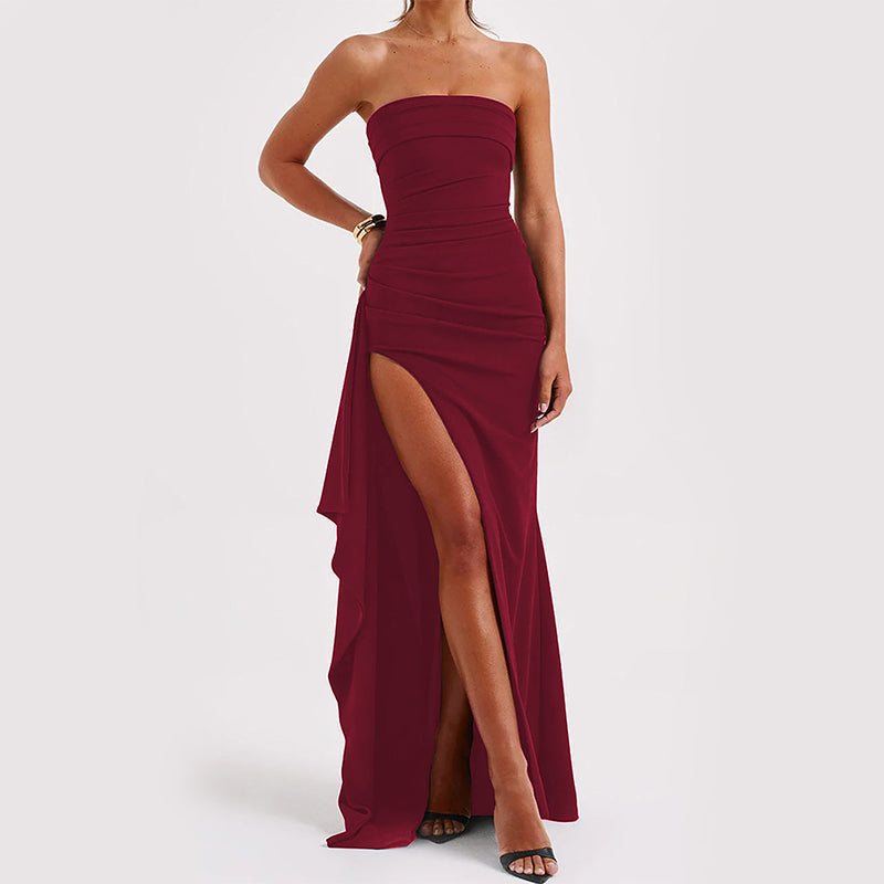 "Robe élégante coupe en A, bustier, dos nu, longueur maxi, polyester, femme, soirée, sensuelle, moderne, confortable"