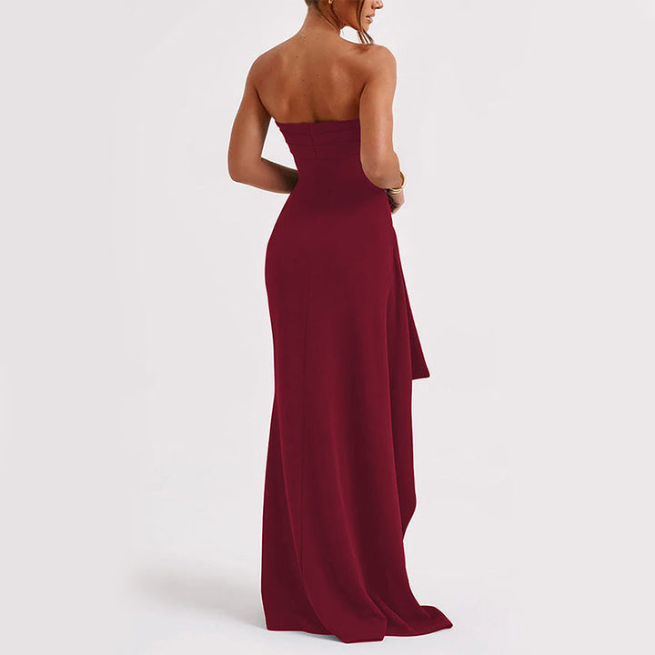 "Robe élégante coupe en A, bustier, dos nu, longueur maxi, polyester, femme, soirée, sensuelle, moderne, confortable"