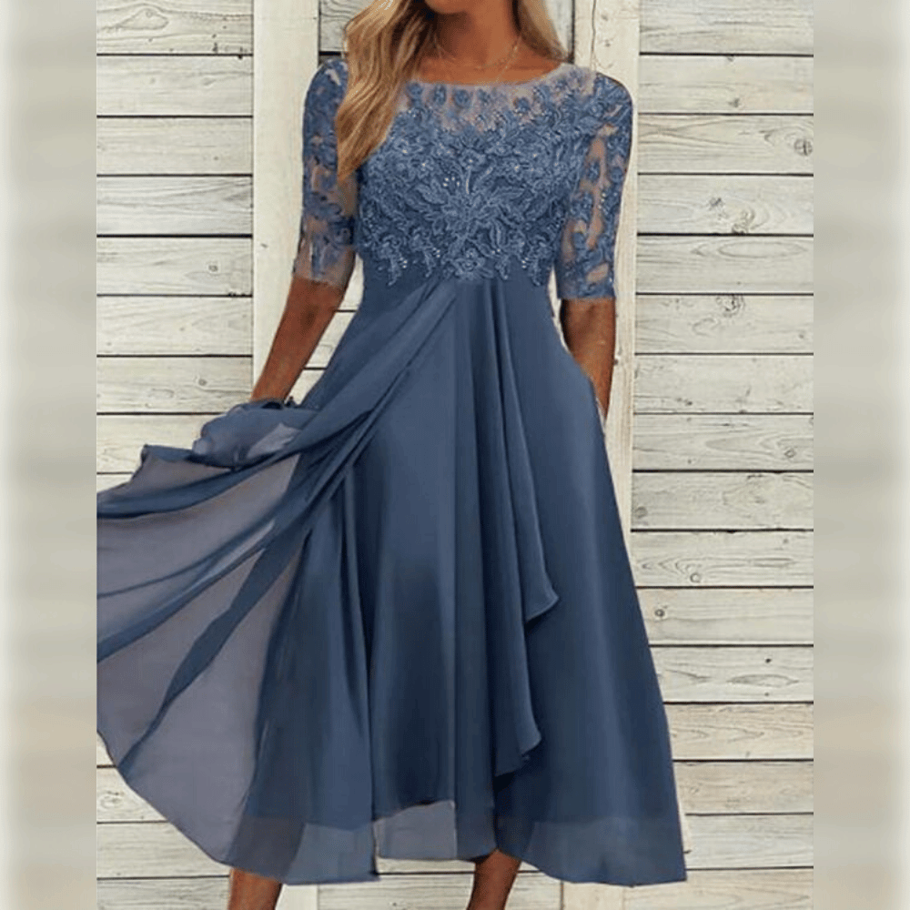 Robe élégante de mariage mi-longue avec broderies, manches courtes et couleurs variées pour un look sophistiqué et confortabl