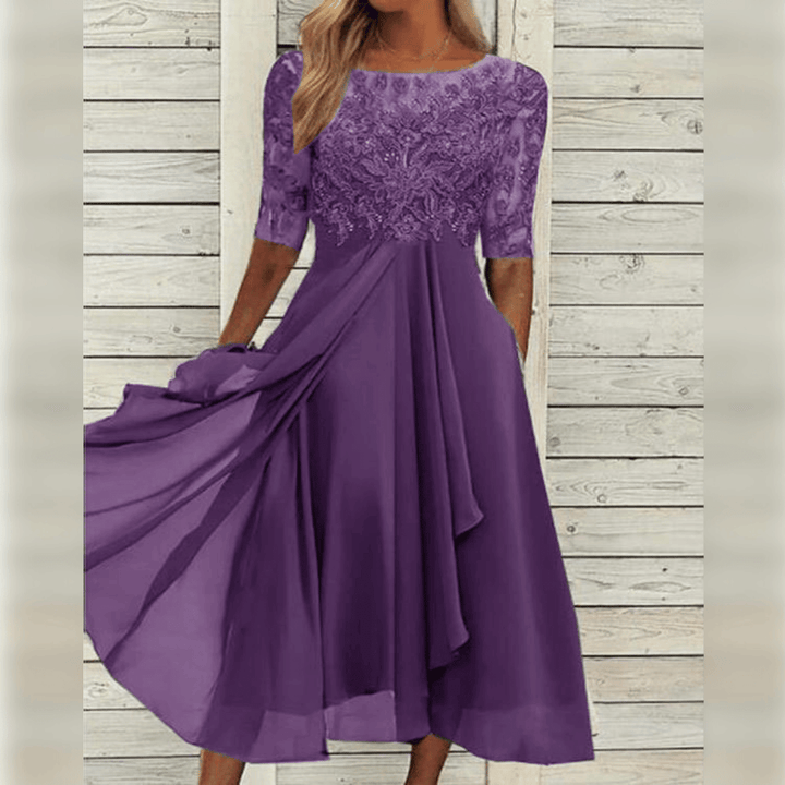 Robe élégante de mariage mi-longue avec broderies, manches courtes et couleurs variées pour un look sophistiqué et confortabl