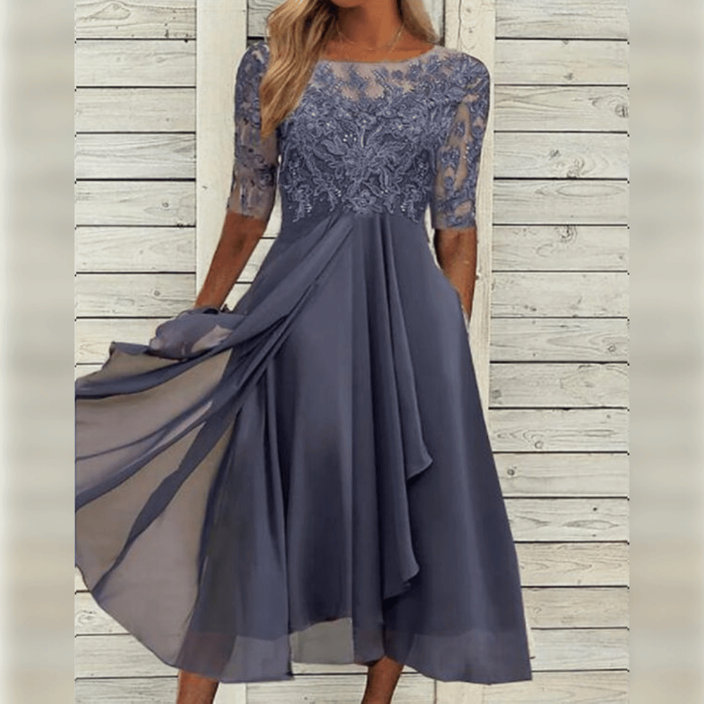 Robe élégante de mariage mi-longue avec broderies, manches courtes et couleurs variées pour un look sophistiqué et confortabl