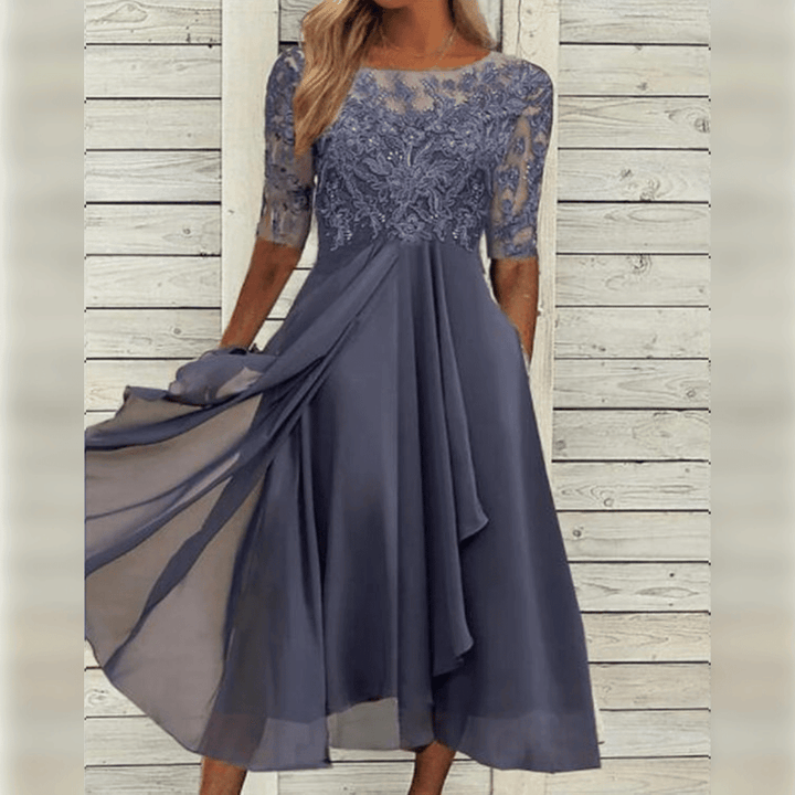 Robe élégante de mariage mi-longue avec broderies, manches courtes et couleurs variées pour un look sophistiqué et confortabl