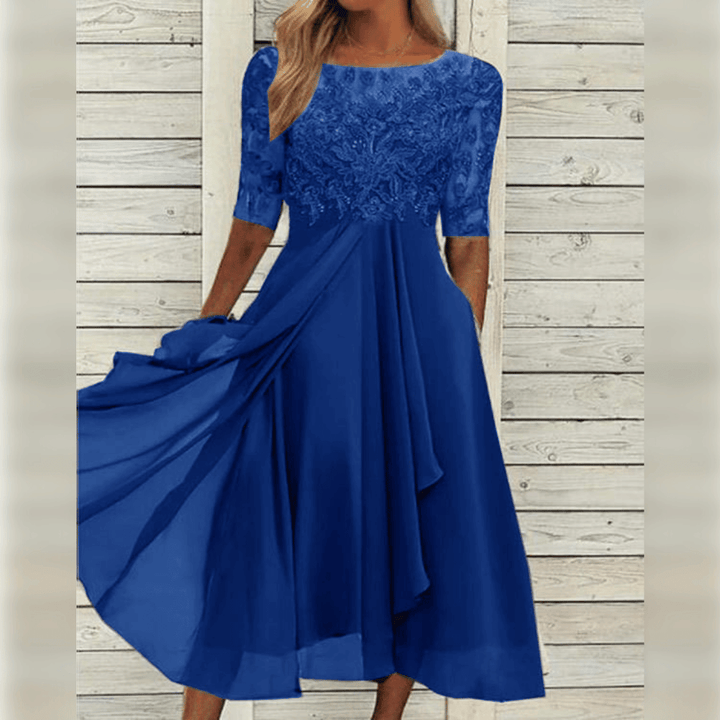 Robe élégante de mariage mi-longue avec broderies, manches courtes et couleurs variées pour un look sophistiqué et confortabl