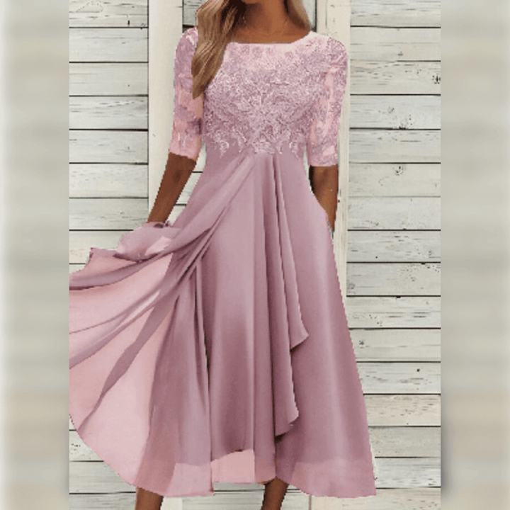 Robe élégante de mariage mi-longue avec broderies, manches courtes et couleurs variées pour un look sophistiqué et confortabl
