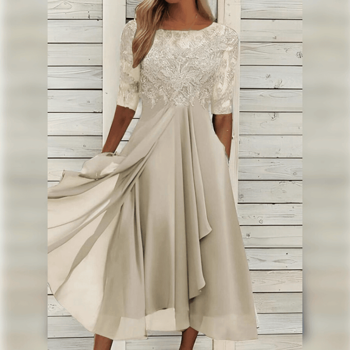 Robe élégante de mariage mi-longue avec broderies, manches courtes et couleurs variées pour un look sophistiqué et confortabl