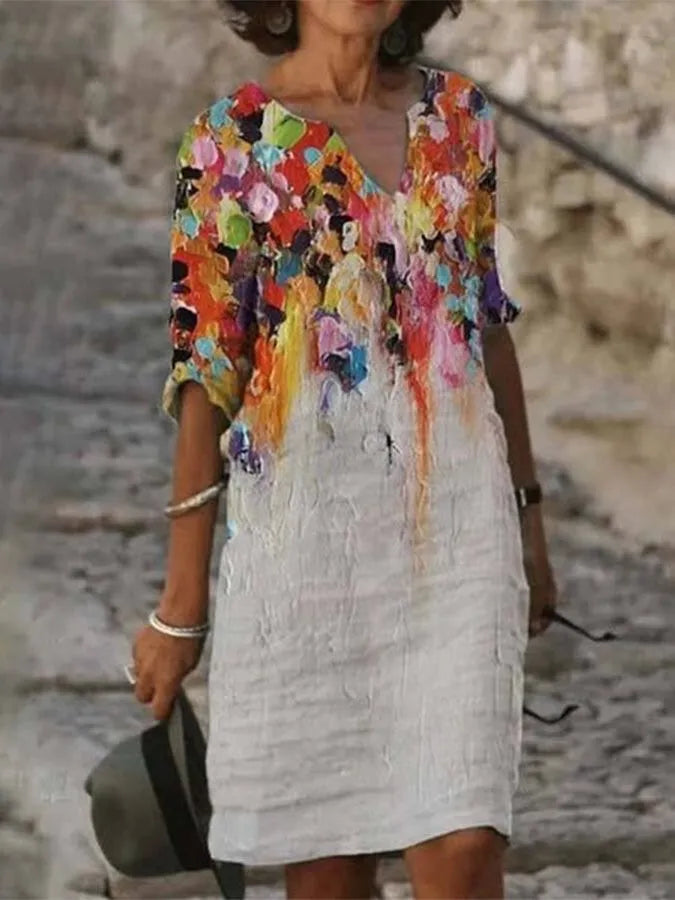Robe élégante en coton et lin avec imprimé peinture à l'huile, col ras du cou, idéale pour l'été et occasions spéciales.
