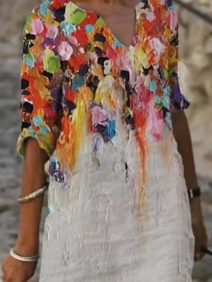 Robe élégante en coton et lin avec imprimé peinture à l'huile, col ras du cou, idéale pour l'été et occasions spéciales.