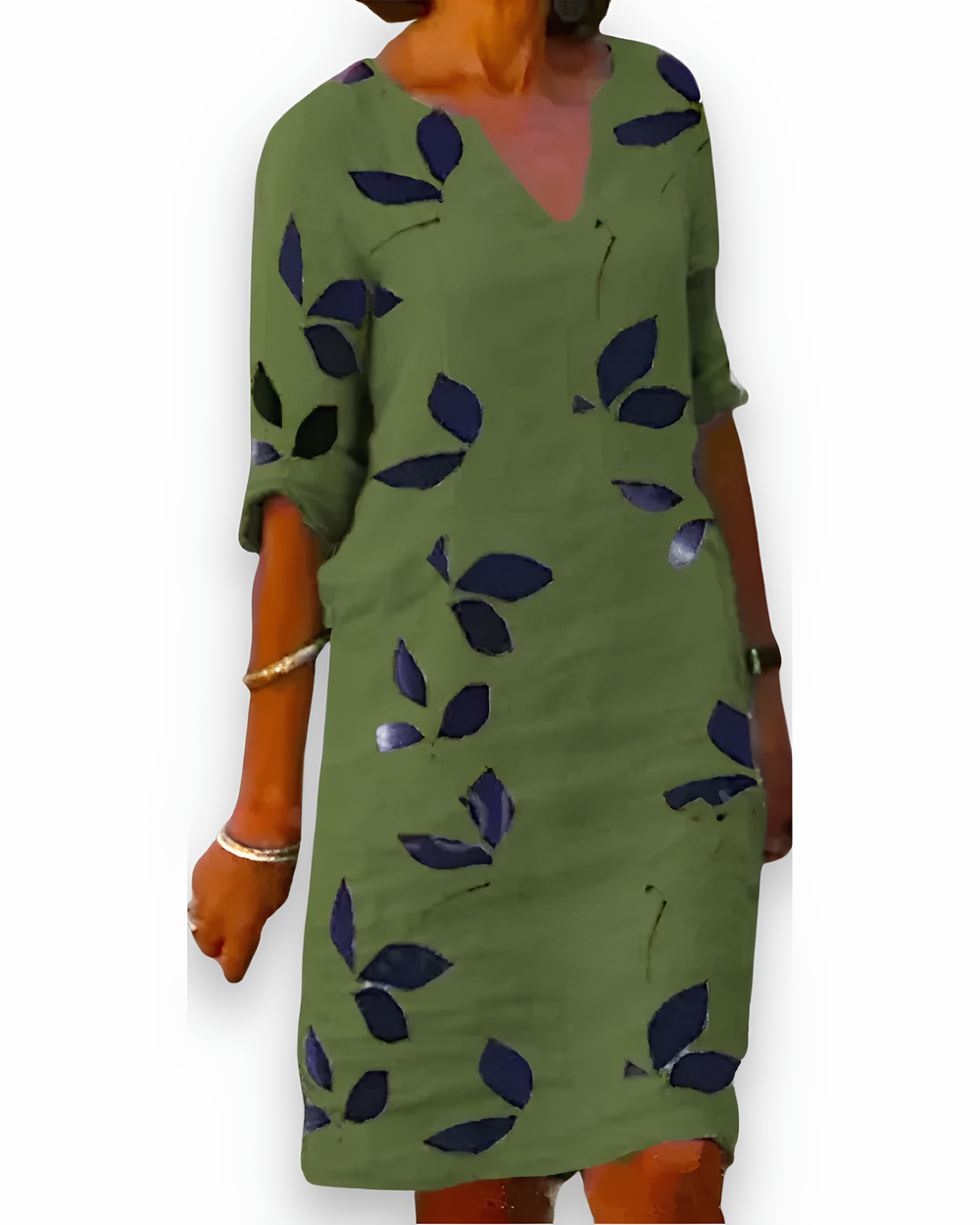 "Robe élégante femme, tissu fluide, motif feuilles vertes, col en V, coupe estivale pour confort et style sophistiqué."