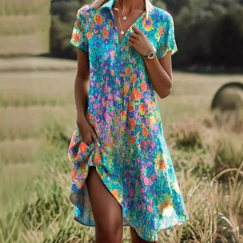 "Robe élégante florale avec col V, motifs floraux délicats, boutons raffinés, silhouette flatteuse, allure confiante."