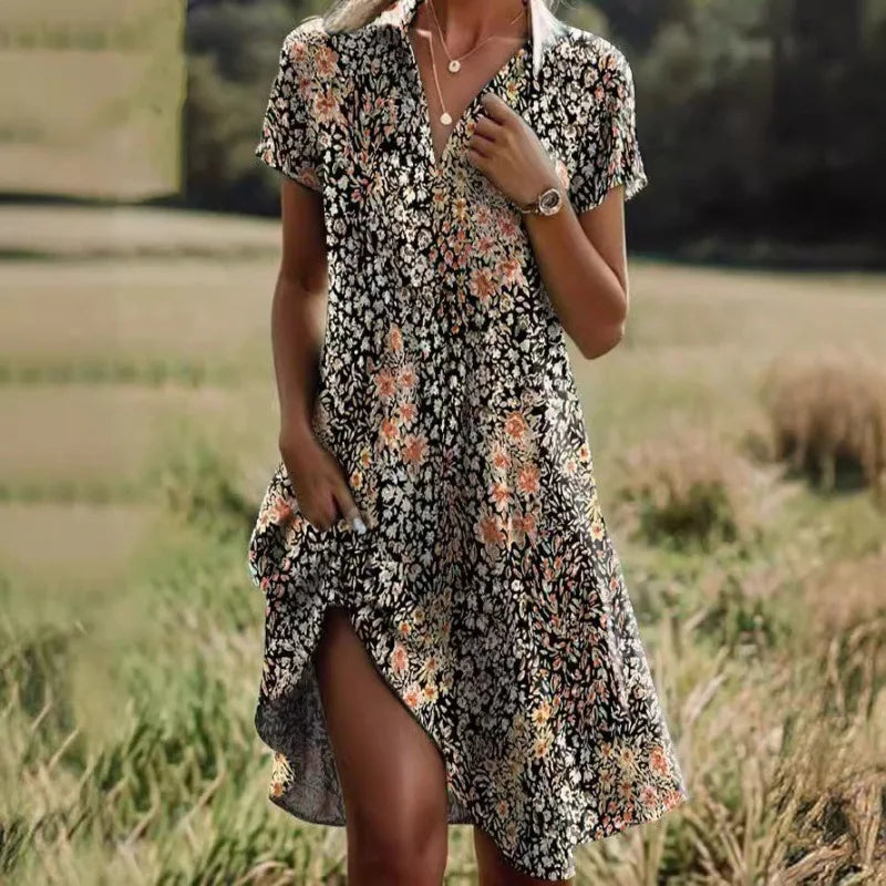 "Robe élégante florale avec col V, motifs floraux délicats, boutons raffinés, silhouette flatteuse, allure confiante."