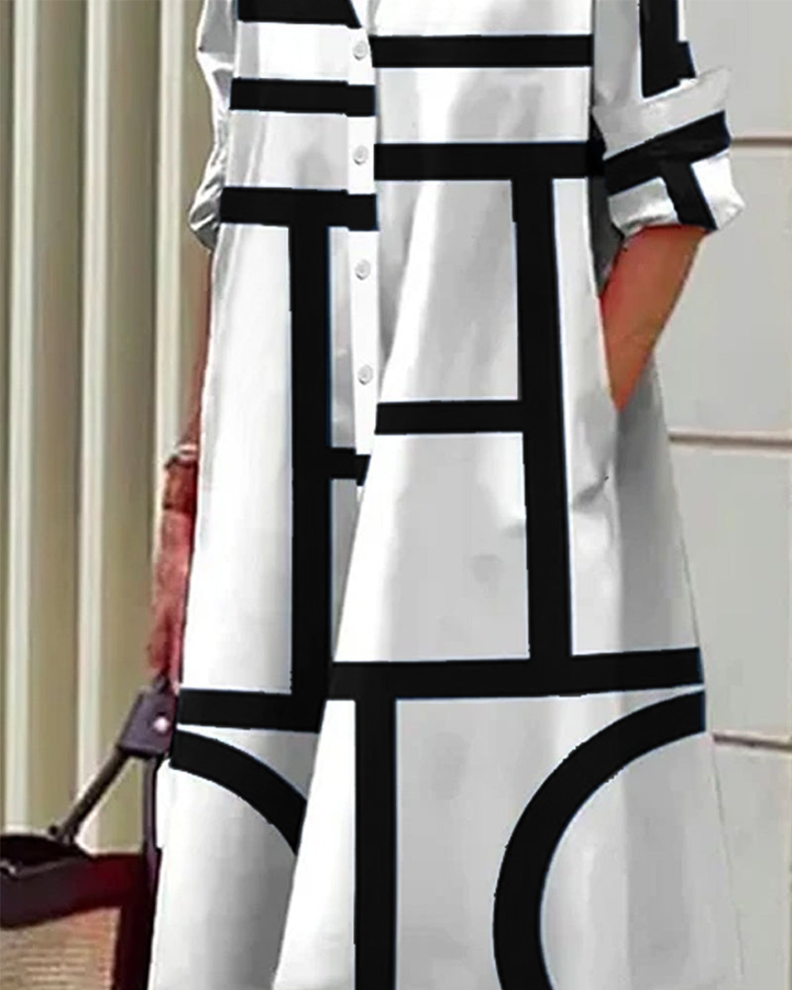 Robe élégante, imprimé géométrique, poches.  Coupe flatteuse et confortable.  Idéale pour toutes occasions.