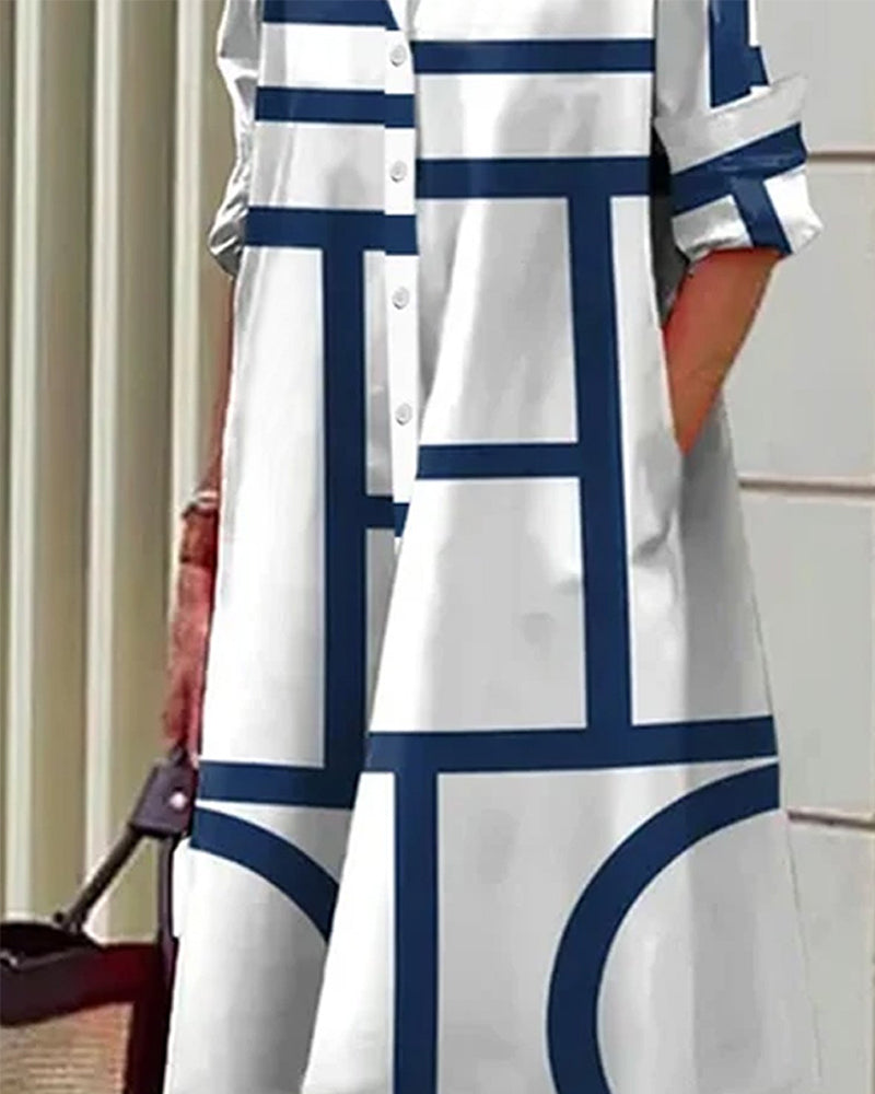 Robe élégante, imprimé géométrique, poches.  Coupe flatteuse et confortable.  Idéale pour toutes occasions.
