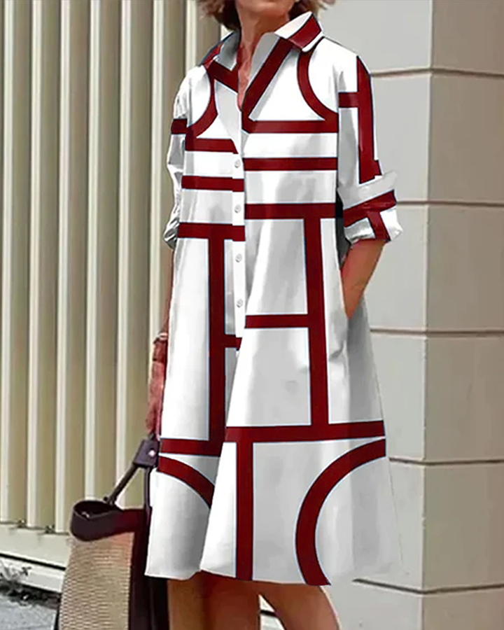 Robe élégante, imprimé géométrique, poches.  Coupe flatteuse et confortable.  Idéale pour toutes occasions.