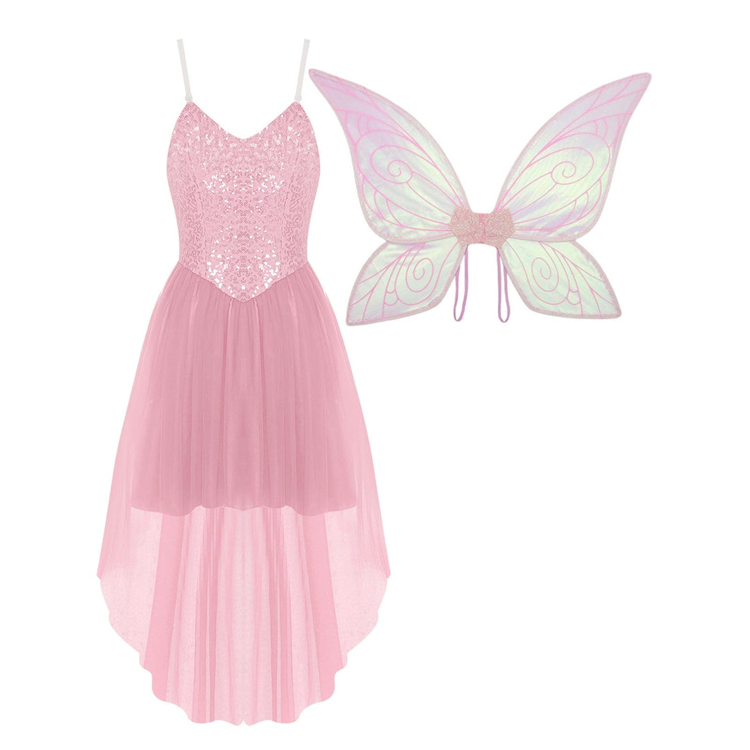"Robe elfique verte pour enfants avec ailes papillon, détails scintillants et tulle, parfait déguisement féérique."