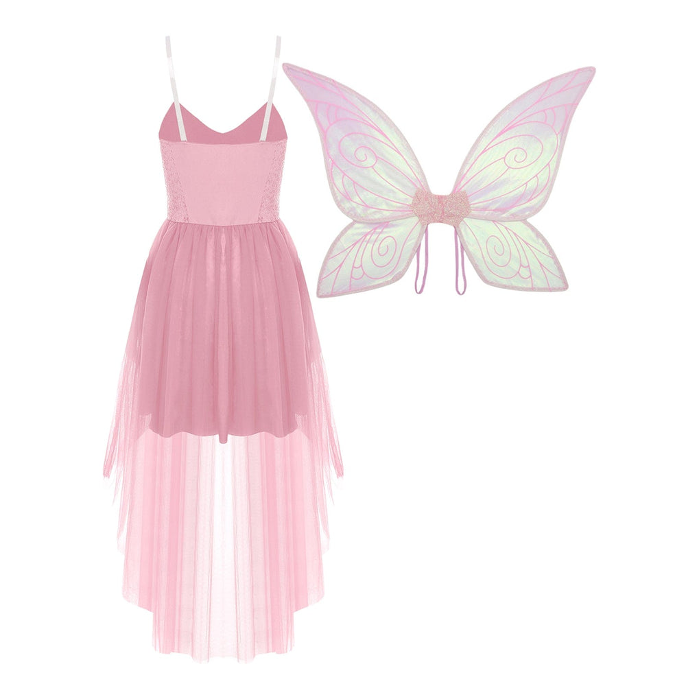 "Robe elfique verte pour enfants avec ailes papillon, détails scintillants et tulle, parfait déguisement féérique."