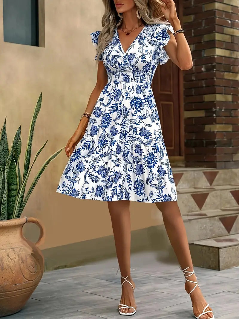 "Robe estivale élégante Lauren col V avec volants et motifs floraux, idéale pour une silhouette féminine et chic."