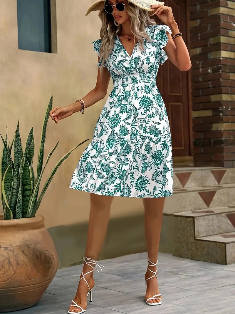 "Robe estivale élégante Lauren col V avec volants et motifs floraux, idéale pour une silhouette féminine et chic."