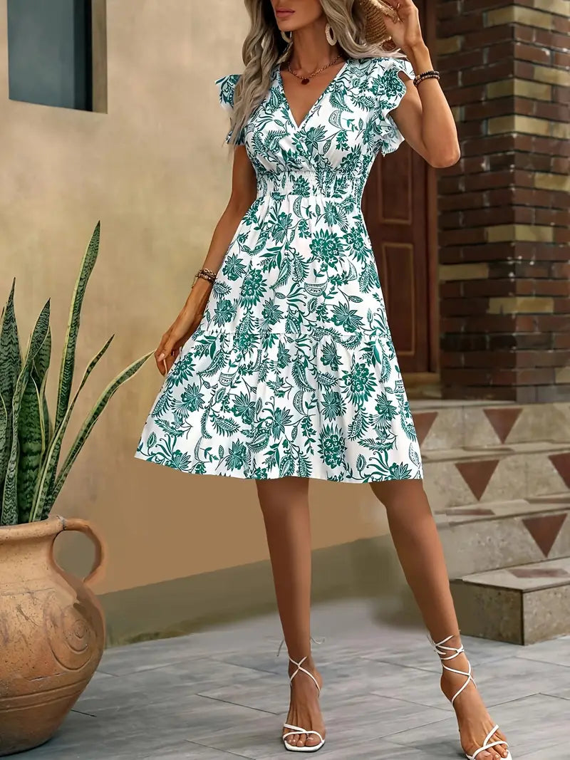 "Robe estivale élégante Lauren col V avec volants et motifs floraux, idéale pour une silhouette féminine et chic."