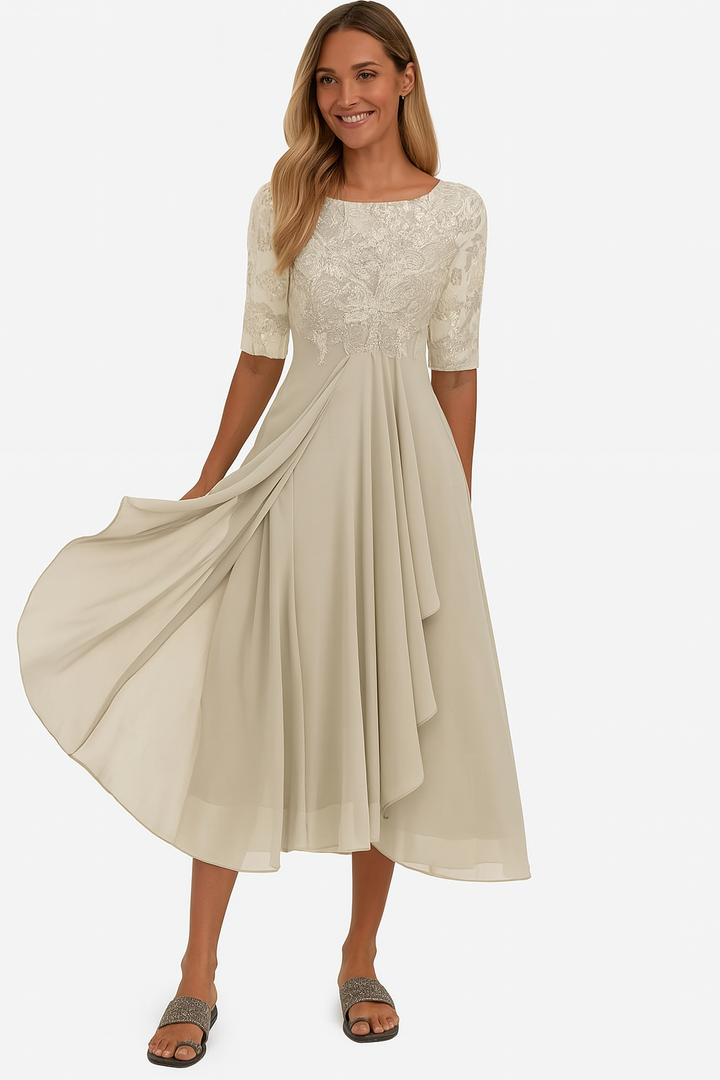 Robe femme élégante mi-longue A-ligne, manches courtes, couleur unie, idéale soirée/cérémonie. Coupe flatteuse et chic.