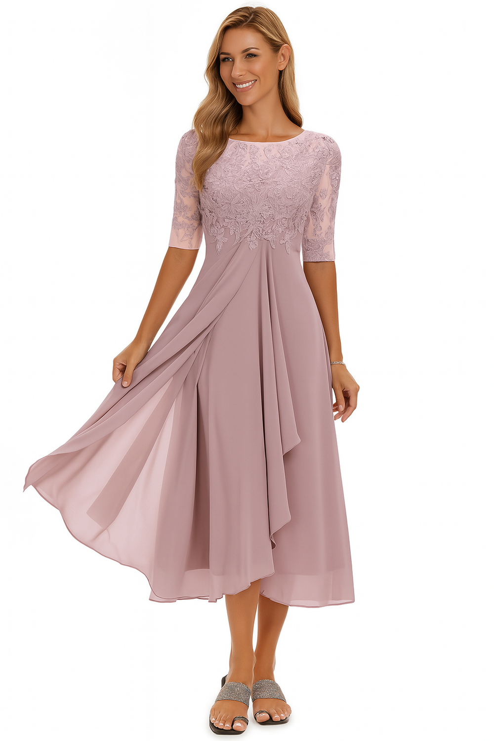 Robe mi-longue femme A-ligne chic, manches courtes. Parfaite pour une soirée élégante ou cérémonie. Coupe flatteuse tendance.