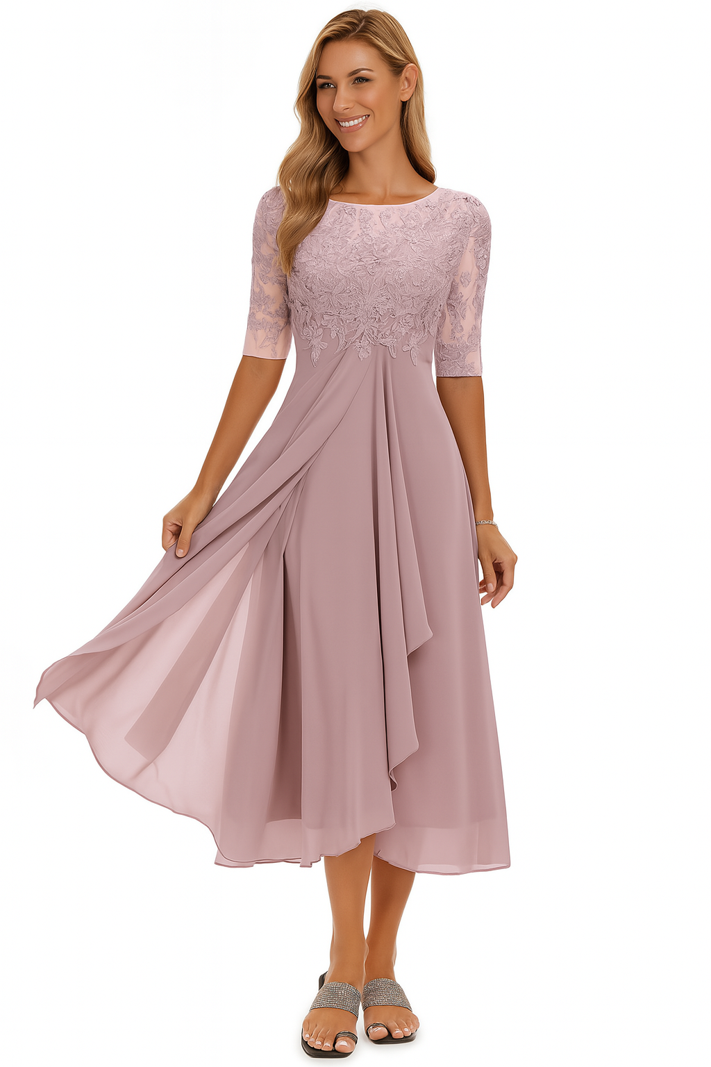 Robe mi-longue femme A-ligne chic, manches courtes. Parfaite pour une soirée élégante ou cérémonie. Coupe flatteuse tendance.