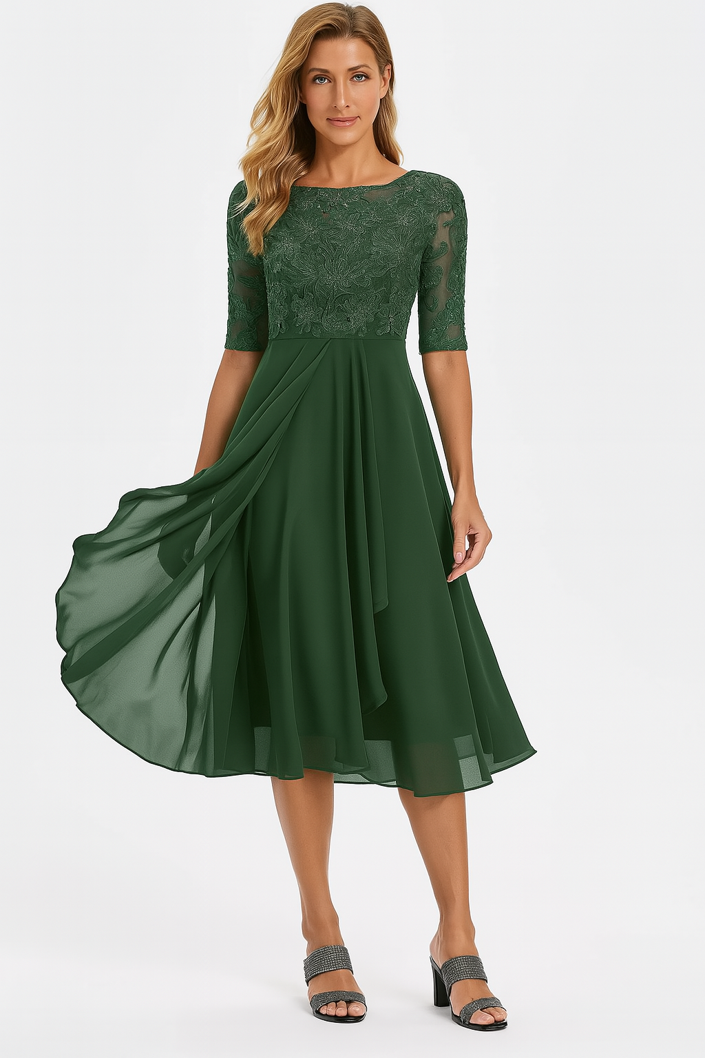 Robe de soirée femme A-ligne flatteuse, manches courtes. Modèle mi-long élégant et tendance pour célébrations. Confort chic.