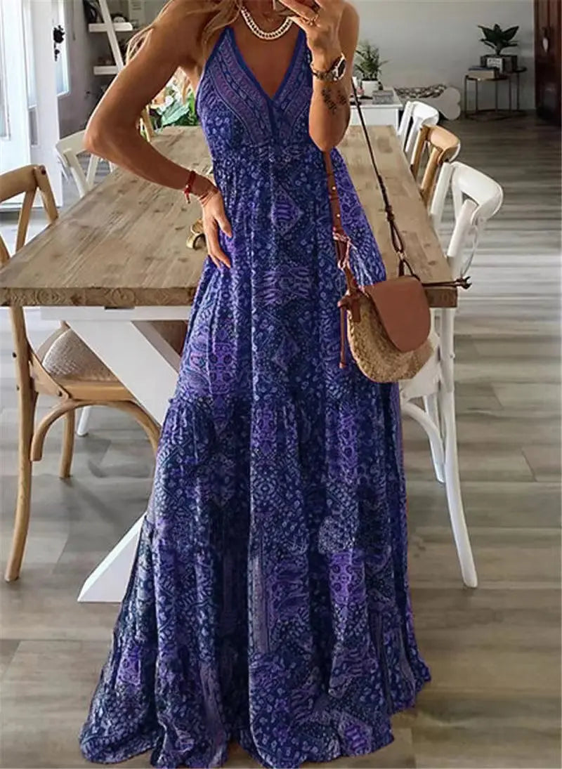 Robe fleurie bohème taille haute pour femme, idéale pour l'été, élégance décontractée et style chic.